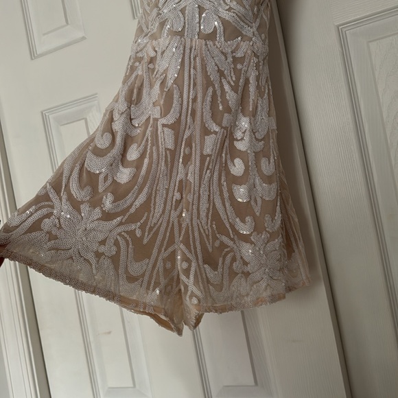 Lulus Catch a Spark White and Beige Sequin Romper for bachelorette shower or fun - Picture 3 of 13